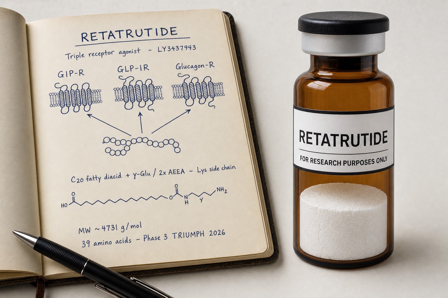 Retatrutide the triple-receptor agonist explained - white lyophilised cake in amber research vial alongside chemistry notebook with GIP, GLP-1 and glucagon receptor agonism diagram and C20 fatty diacid modification